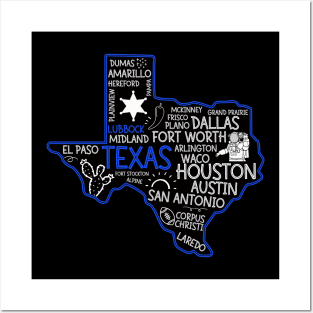 Lubbock Texas cute map Houston San Antonio Dallas Austin Fort Worth El Paso Posters and Art